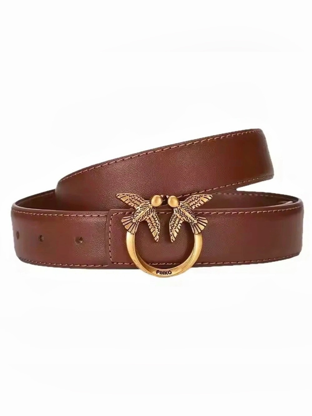 New designer inspired Love Birds Leather Belt Brown Gold-Tone Buckle